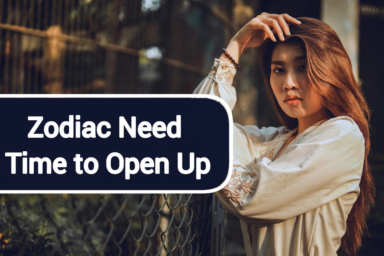 Serene illustration of zodiac signs that need time to open up, featuring Cancer, Scorpio, Capricorn, Virgo, Aquarius, and Pisces symbols with themes of guarded emotions and gradual trust