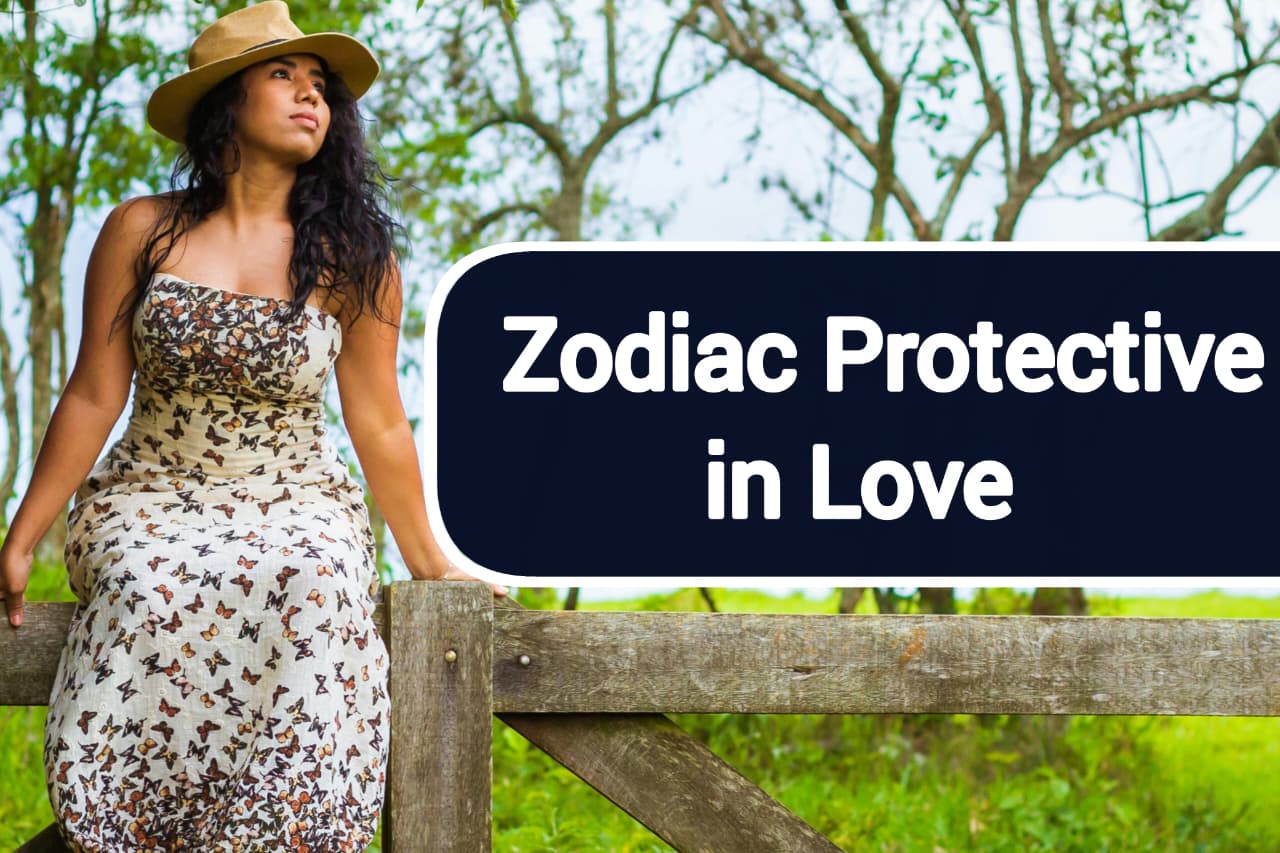 Romantic illustration of zodiac signs protective in love, featuring Cancer, Taurus, Leo, Scorpio, Capricorn, and Pisces symbols with hearts and protective guardian themes