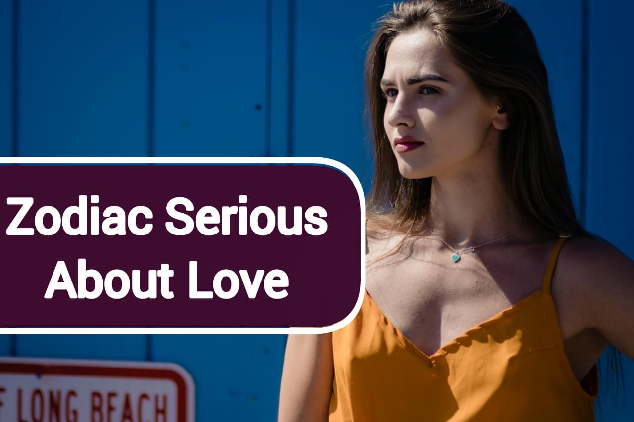 Romantic illustration of zodiac signs serious about love, showing all twelve signs with hearts, commitment symbols, and emotional connection themes