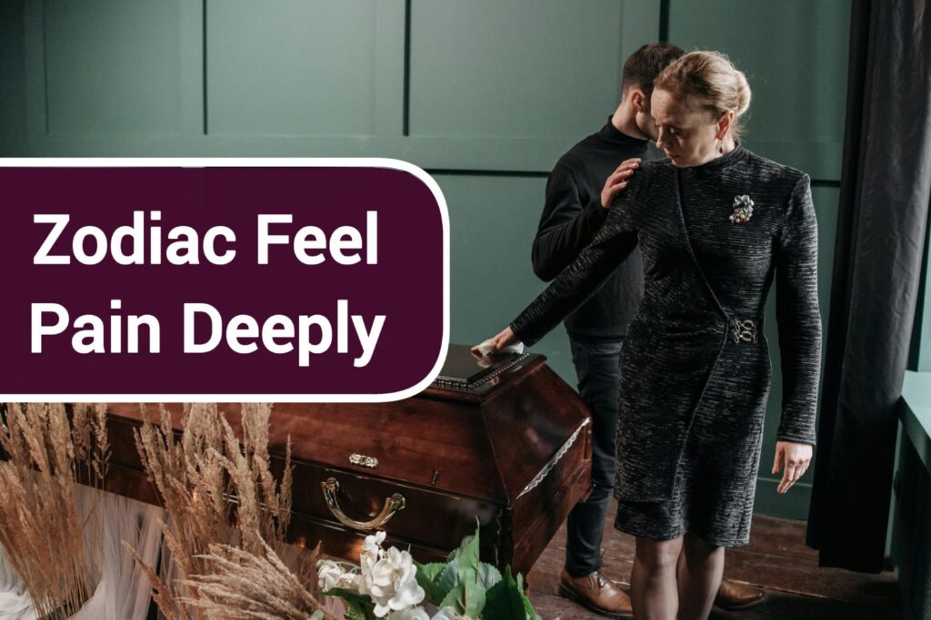 Emotional illustration of zodiac signs that feel pain deeply, featuring Cancer, Pisces, Scorpio, Virgo, Capricorn, and Taurus symbols with themes of heartbreak, deep sensitivity, and emotional wounds