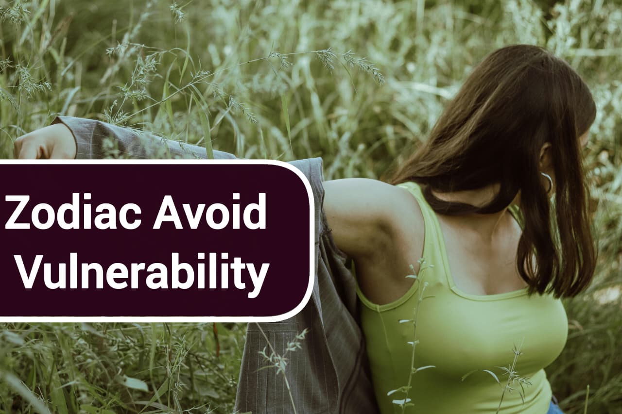 Introspective illustration of zodiac signs that avoid vulnerability, featuring Scorpio, Capricorn, Aquarius, and Virgo symbols with themes of guarded hearts, emotional protection, and self-preservation