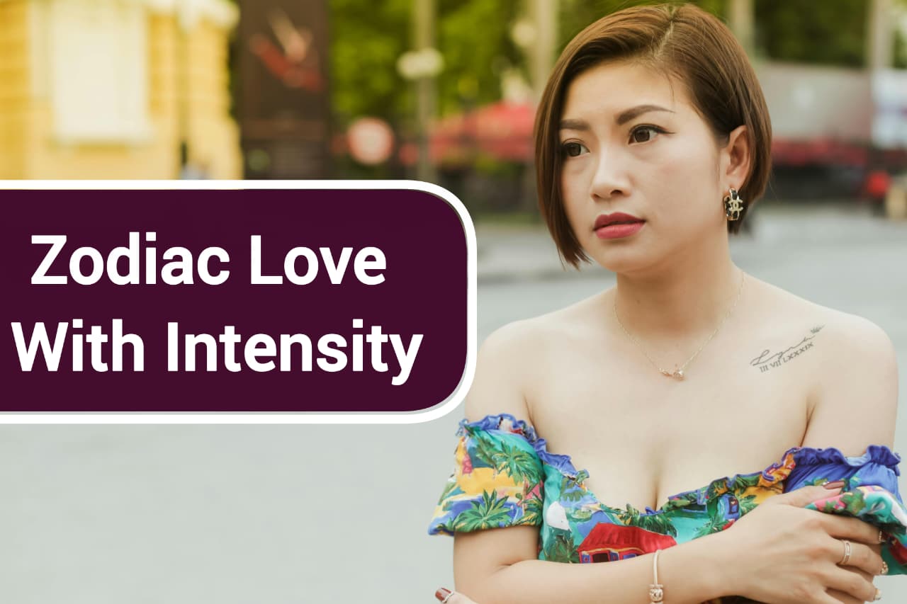 Vibrant illustration of zodiac signs that love with intensity, showing all twelve signs with passionate hearts, flames, deep connections, and emotional depth themes